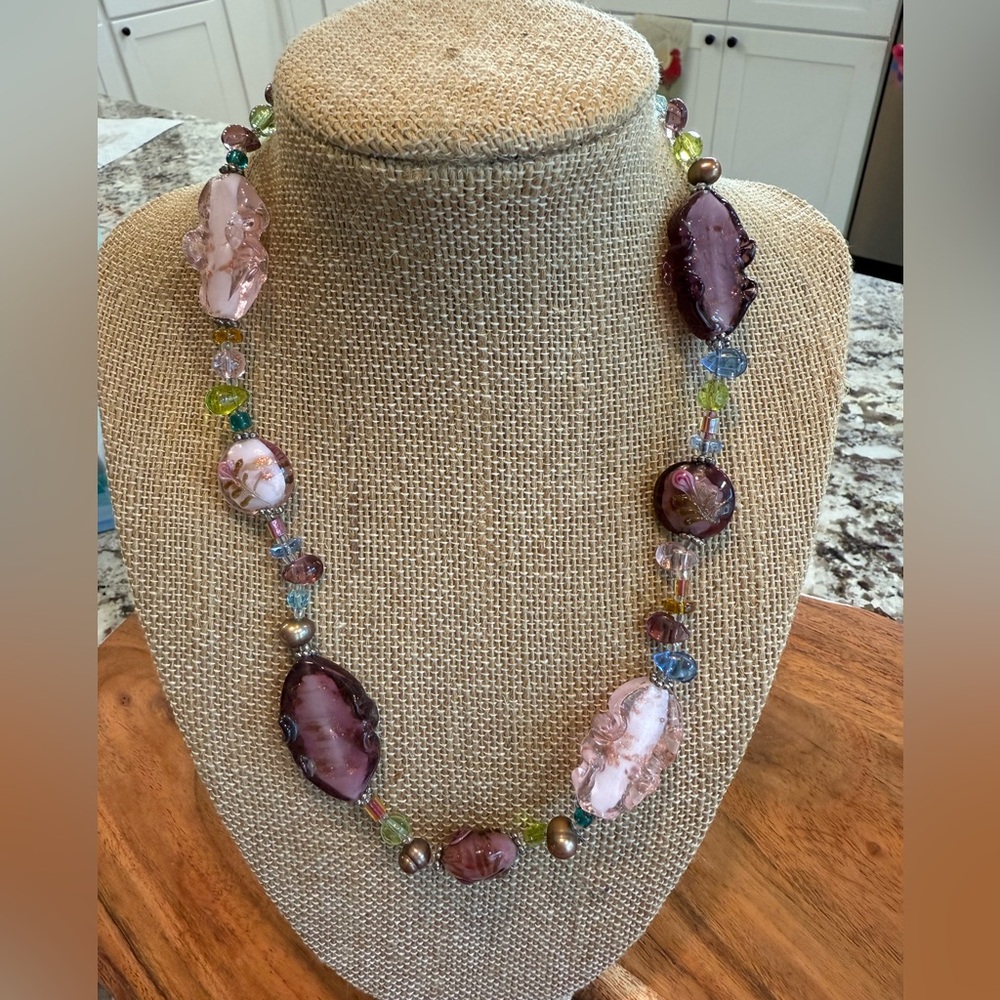 Vintage artisan glass and natural pearl necklace